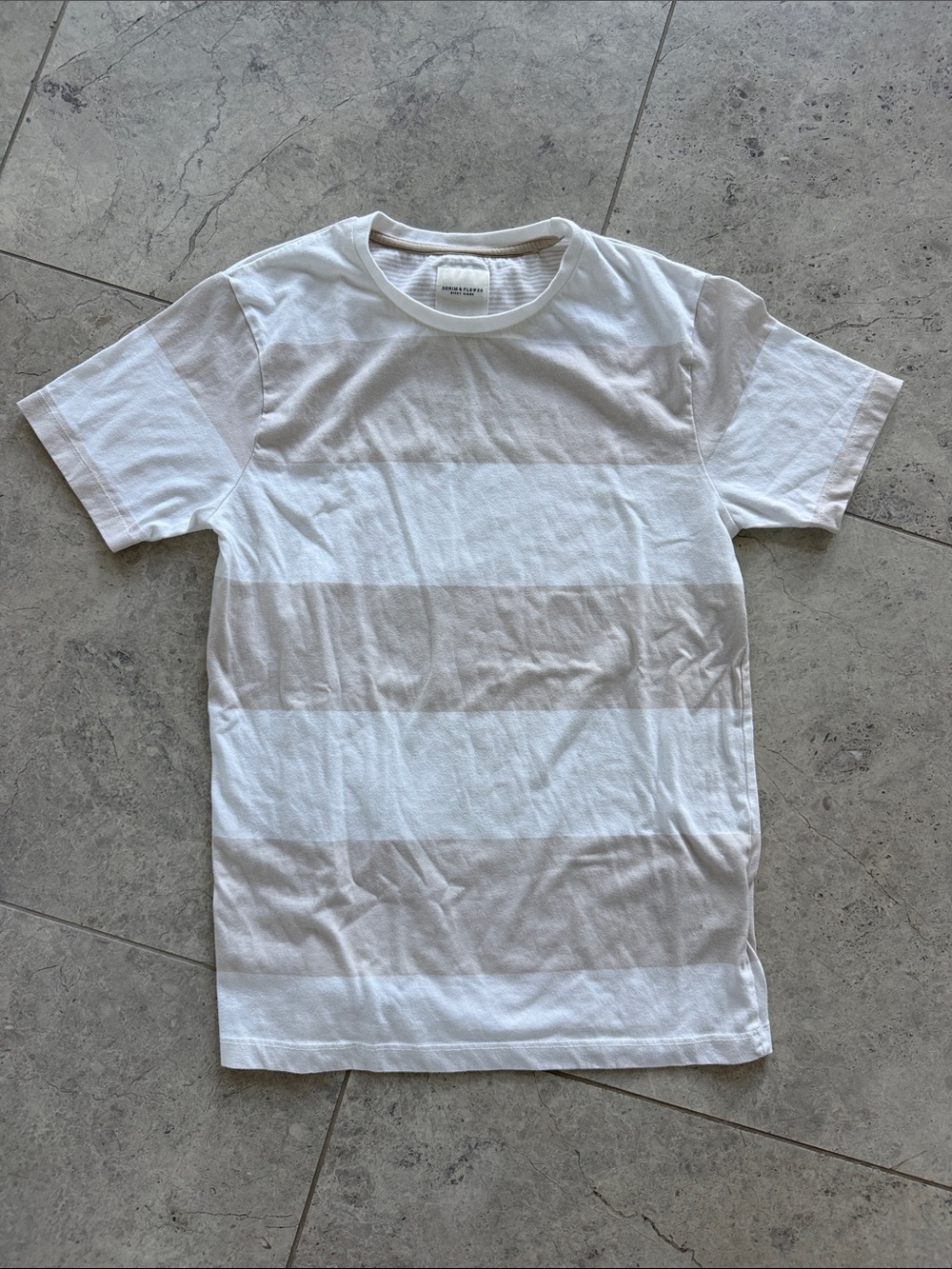 Denim & Flower Men's Short Sleeve Striped Tee in White and Tan
